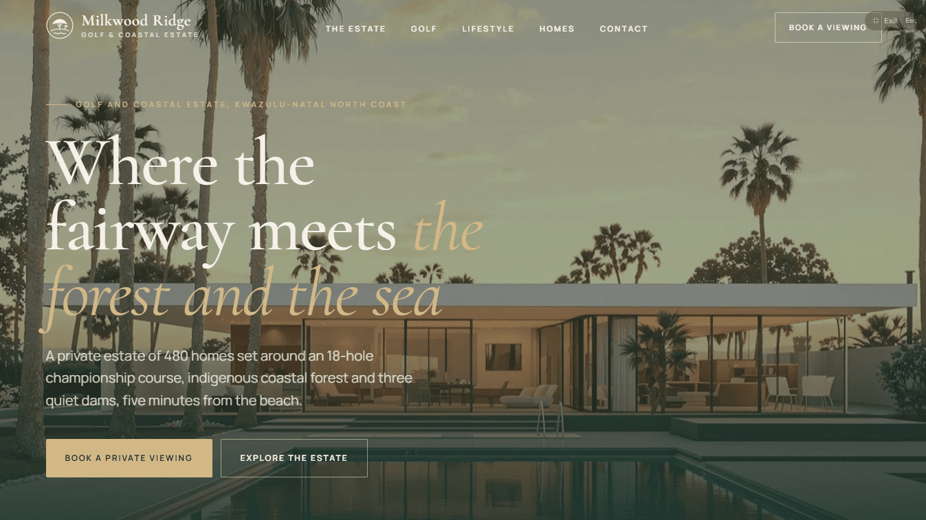 Homepage hero of the Milkwood Ridge concept: a glass-walled home beside a pool among palm trees at sunset, under the headline Where the fairway meets the forest and the sea.