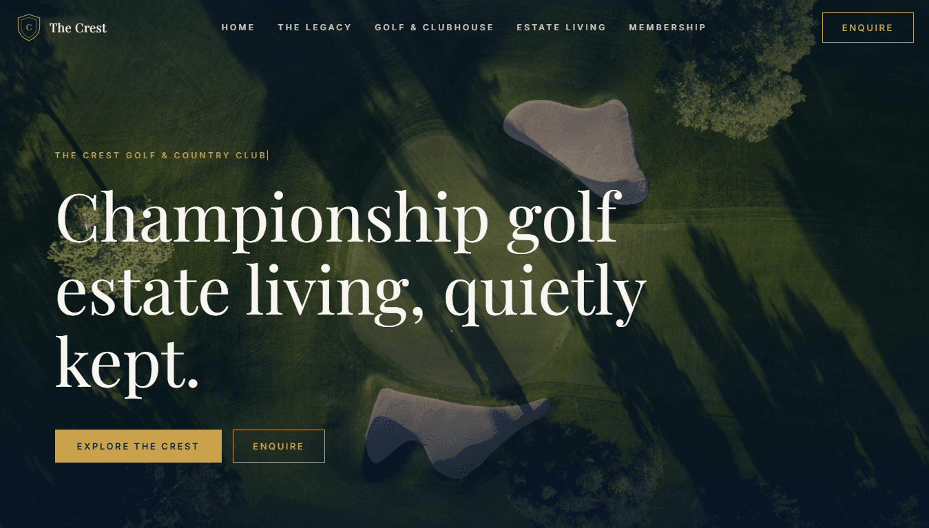 Homepage hero of The Crest Golf & Country Club concept: an aerial view of a golf green and its bunkers, under the headline Championship golf estate living, quietly kept.