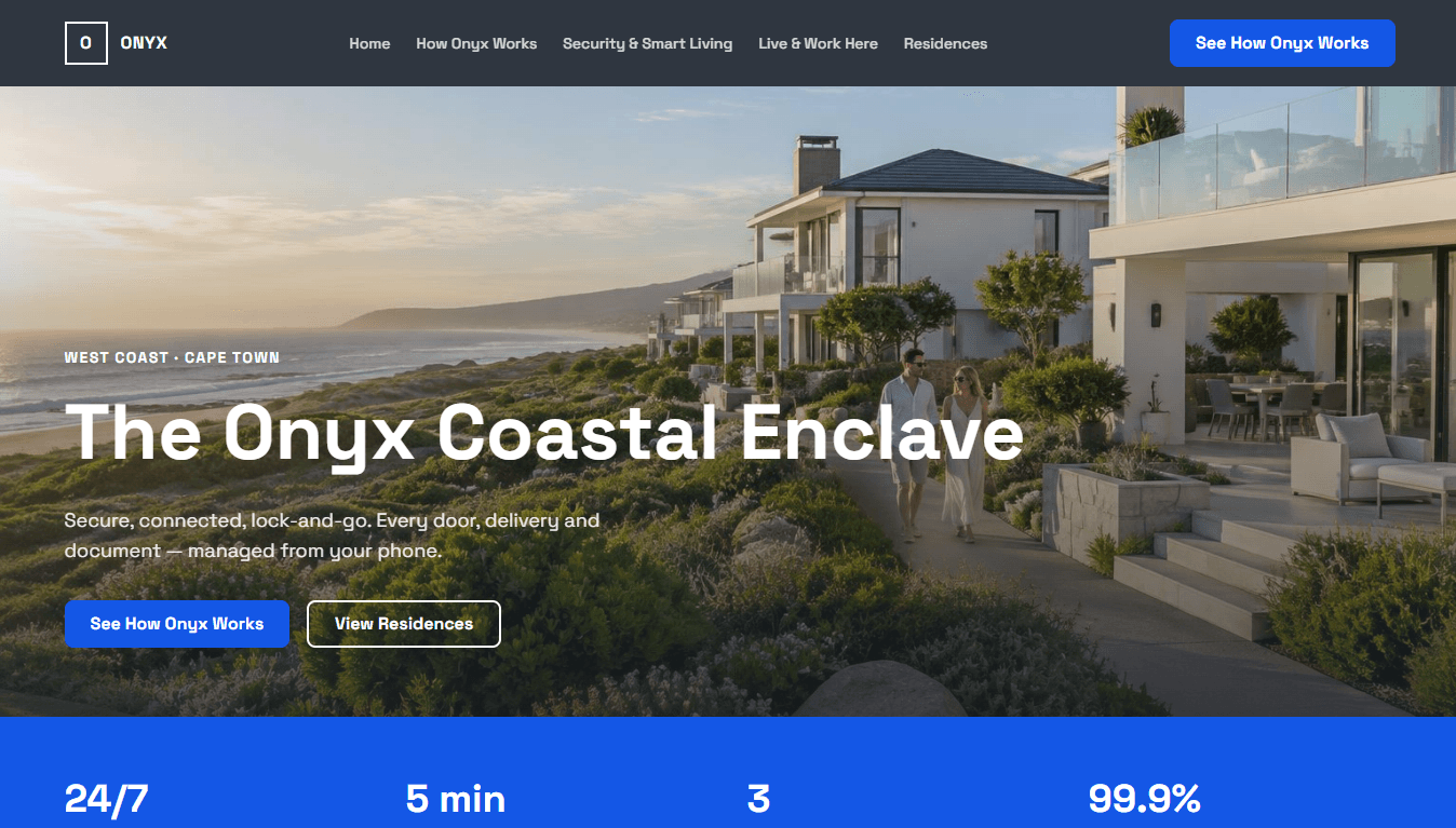 Homepage hero of The Onyx Coastal Enclave concept: a couple walking past white coastal homes above the sea, under the headline The Onyx Coastal Enclave.